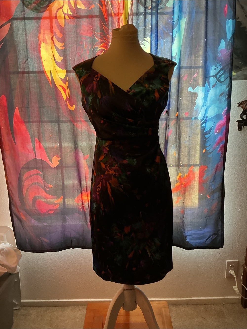 Cap-Sleeve Black Floral Midi Dress